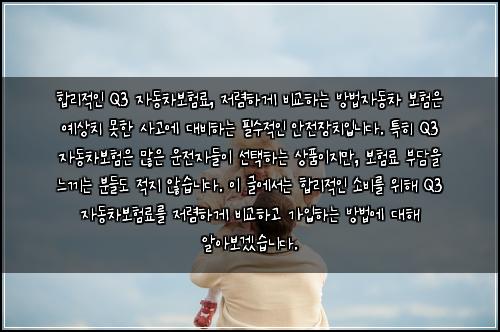  합리적인 Q3 자동차보험료, 저렴하게 비교하는 방법

자동차 보험은 예상치 못한 사고에 대비하는 필수적인 안전장치입니다. 특히 Q3 자동차보험은 많은 운전자들이 선택하는 상품이지만, 보험료 부담을 느끼는 분들도 적지 않습니다. 이 글에서는 합리적인 소비를 위해 Q3 자동차보험료를 저렴하게 비교하고 가입하는 방법에 대해 알아보겠습니다.